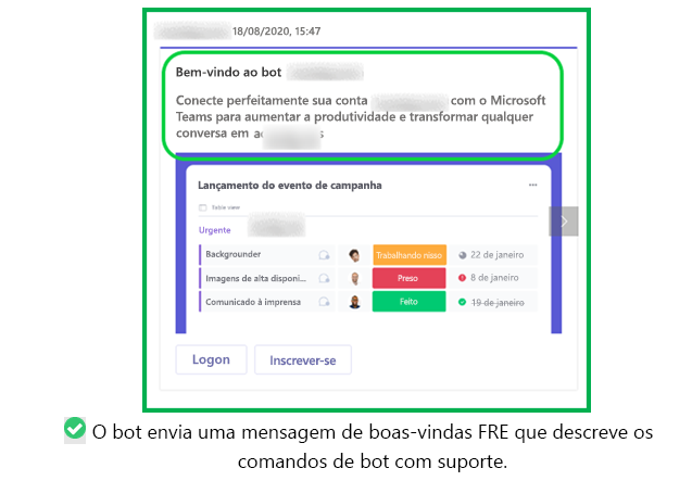 O gráfico mostra um exemplo de bot a enviar uma mensagem de boas-vindas quando o bot tem um fluxo de trabalho de configuração complexo.