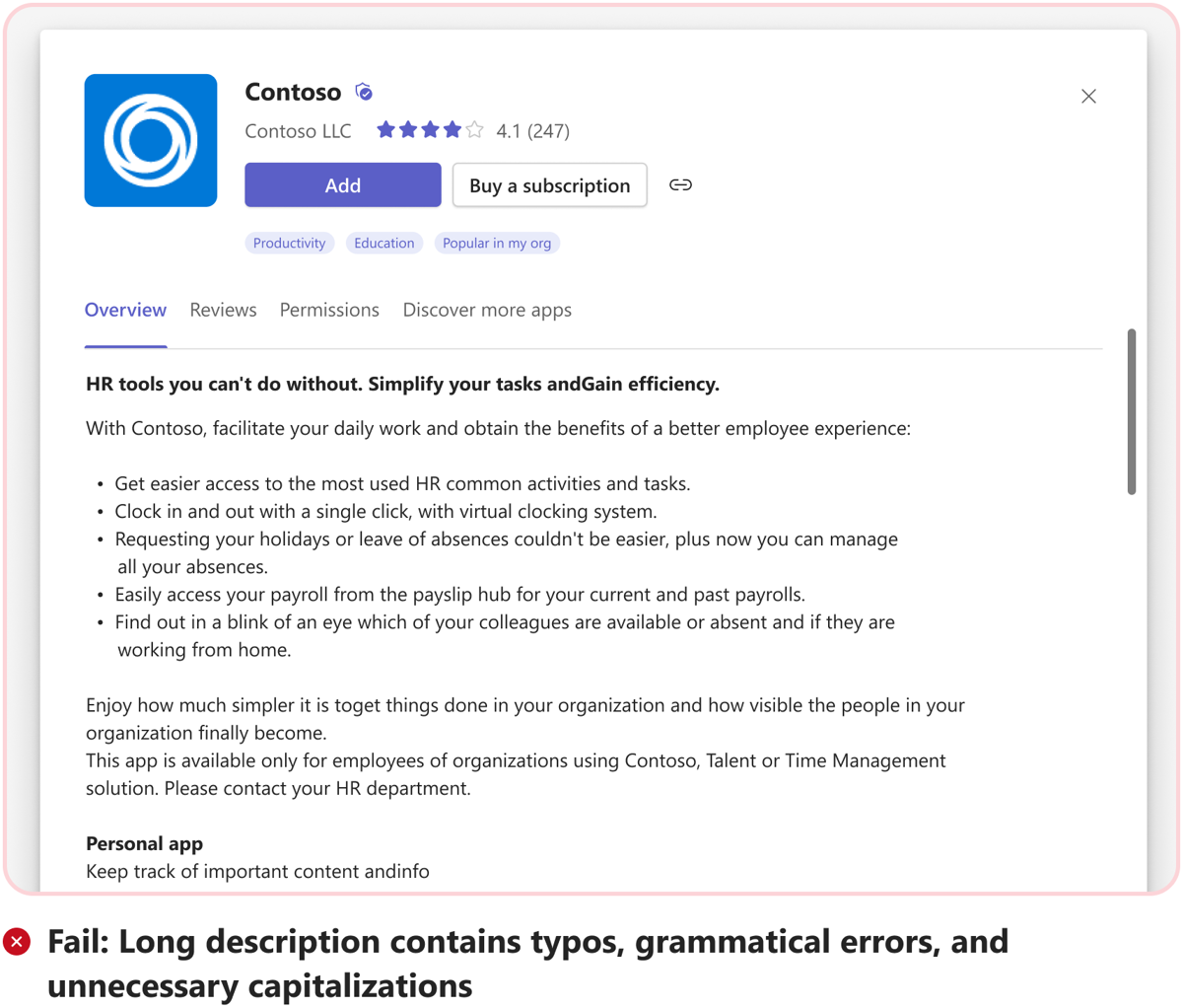 O gráfico mostra um exemplo de descrição longa da aplicação com erros de digitação e erros.