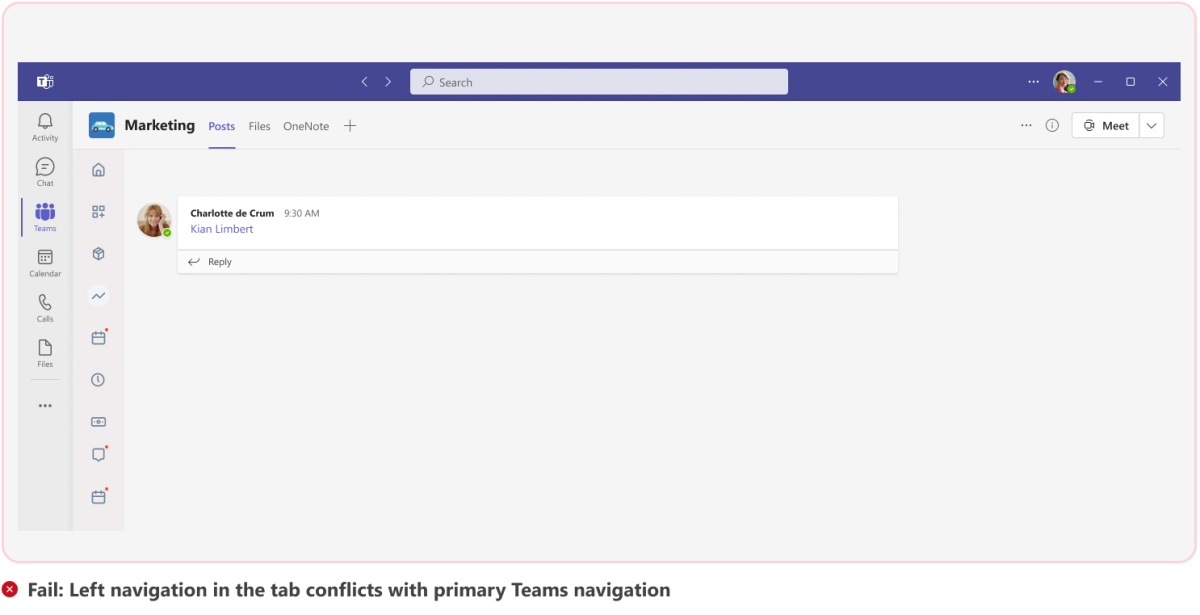 Gráfico a mostrar um exemplo do painel de navegação esquerdo que entra em conflito com a navegação principal do Teams.