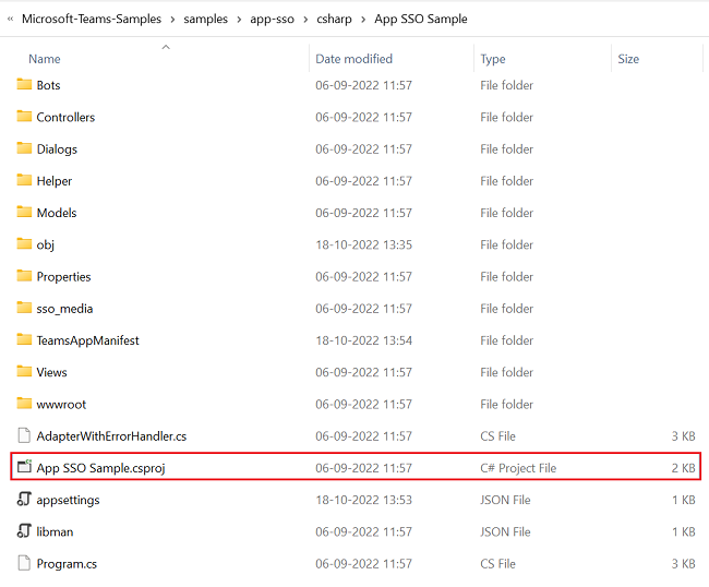 Captura de ecrã do ficheiro do Project com o ficheiro SSO sample.csproj da aplicação realçado a vermelho.