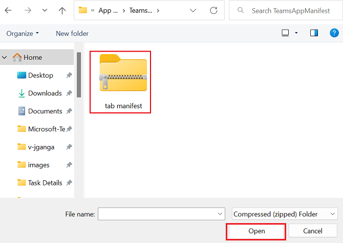 Captura de ecrã da pasta Manifesto com a opção Abrir para carregar o ficheiro zip do Bot do Teams realçado a vermelho.