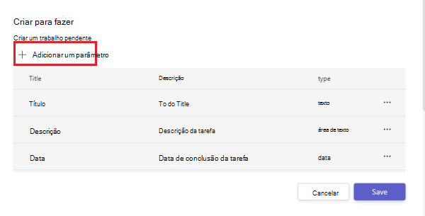 Captura de ecrã a mostrar como adicionar parâmetros adicionais para a extensão da sua mensagem.