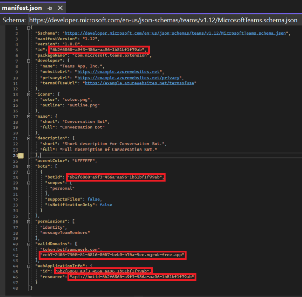 Captura de ecrã a mostrar os detalhes preenchidos no ficheiro de manifesto no Visual Studio.