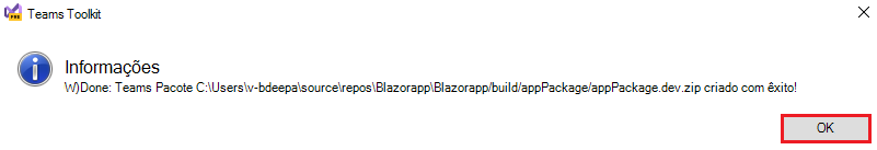 Captura de ecrã do Teams Toolkit com a opção OK realçada a vermelho.