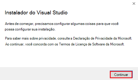 Captura de ecrã de Instalador do Visual Studio com opções de continuação realçadas a vermelho.