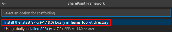 Captura de ecrã a mostrar as opções mais recentes para instalar o spfx.