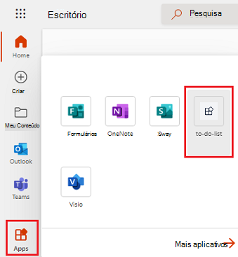 Captura de ecrã a mostrar a opção Aplicações na barra lateral do microsoft365.com para ver a sua aplicação de separador instalada.