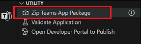 Captura de ecrã a mostrar a opção Pacote de Aplicações zip teams na extensão do Teams Toolkit para Visual Studio Code.
