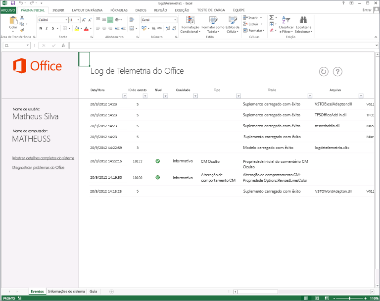 O Visualizador de Eventos do Office a apresentar registos.