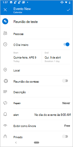 O ecrã criar reunião no Android com o botão de alternar contoso desativado.