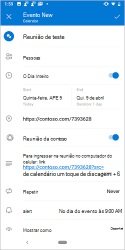 O ecrã criar reunião no Android com o botão de alternar Contoso ativado.