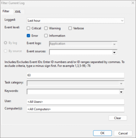 Um exemplo das definições Filtrar Registo Atual do Visualizador de Eventos configurado para mostrar apenas erros do Outlook com o ID de evento 63 que ocorreram na última hora.