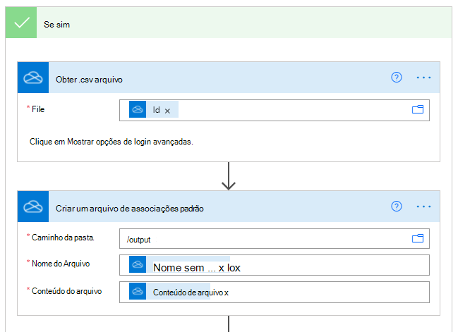 A ação de arquivo Get .csv concluída no painel de tarefas de ação.