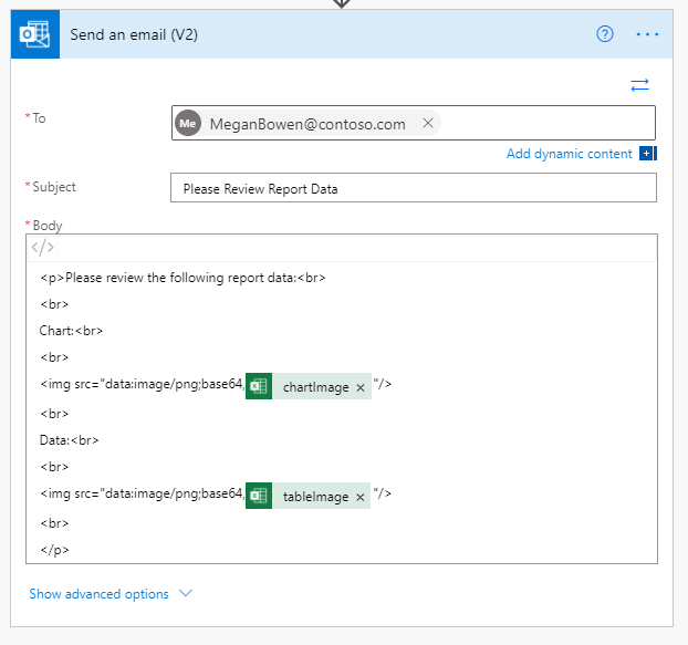 O conector Office 365 Outlook concluído no Power Automate.