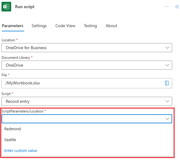 A ação Executar script mostrando um campo de parâmetro adicional chamado 'Location' com opções entre 'Seattle' e 'Redmond'.