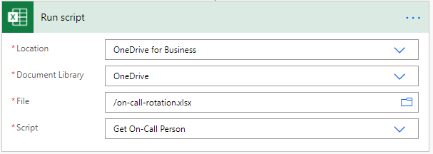 As configurações do conector do Power Automate para executar um script.