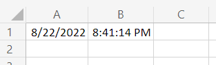 A pasta de trabalho mostrando valores de data e hora nas células A1 e B1.