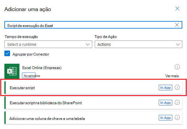 O painel de tarefas de seleção de ações mostrando ações para o conector do Excel Online (Business). A ação Executar script é realçada.