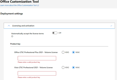 Definições de licenciamento e ativação na Ferramenta de Personalização do Office para Office LTSC Professional Plus 2021 e Visio LTSC Professional 2021, com opções para KMS e MAK.