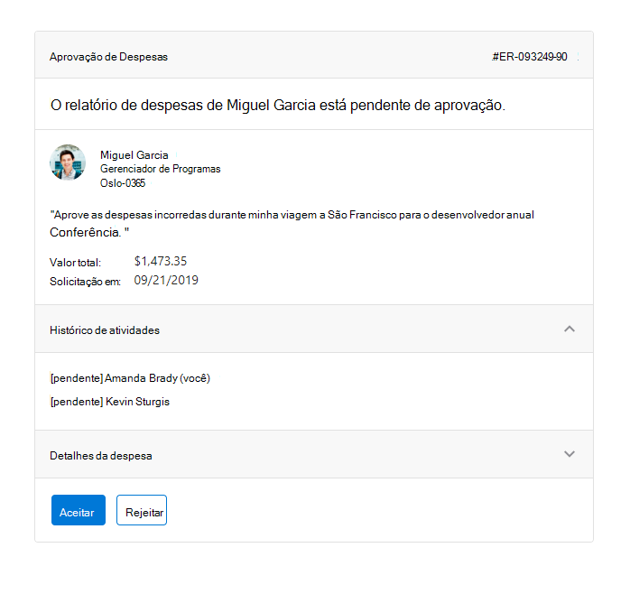 Cartão de área de trabalho para aprovações