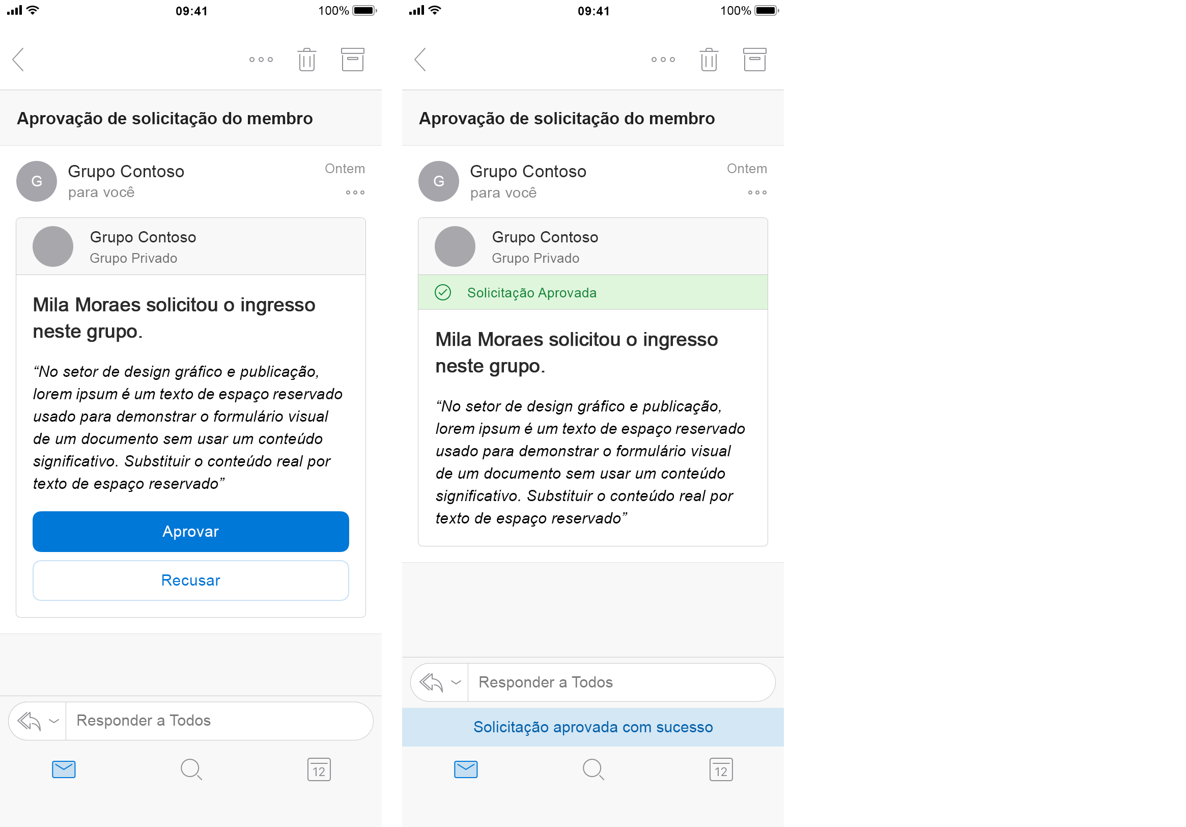 Um cartão de mensagem de solicitação de ingresso em grupo renderizado no Outlook no iOS.