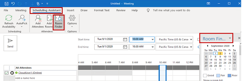 Captura de tela que mostra o recurso Localizador de Sala na exibição Assistente de Agendamento no Microsoft 365.