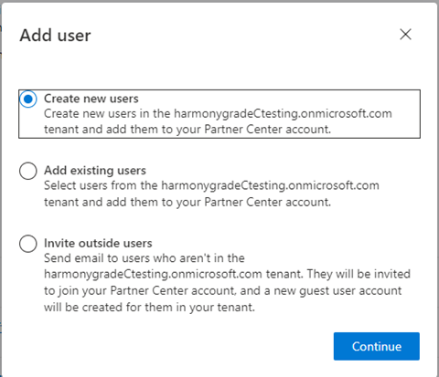 Captura de tela da seleção de 'Criar novos usuários' na caixa de diálogo 'Adicionar usuário' no Partner Center.