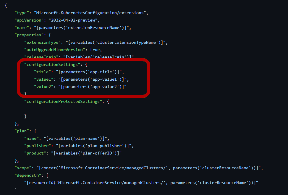 Uma captura de tela do exemplo de modelo do Azure Resource Manager vinculado neste artigo. Em 'configurationSettings', são mostrados os parâmetros para o título do aplicativo, 'value1' e 'value2'.