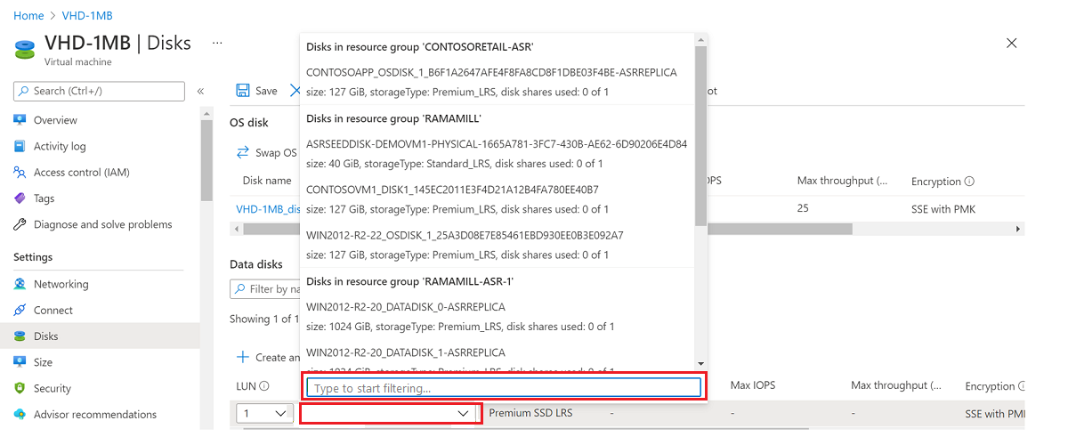 Captura de tela mostrando como selecionar o disco de dados para o VHD.