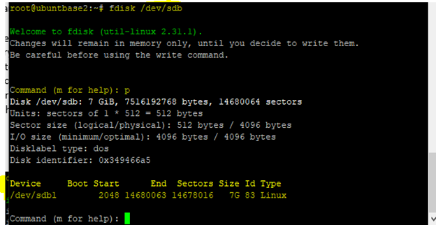 Captura de tela da linha de comando do cliente Putty mostrando os comandos para criar o deslocamento de 2048.