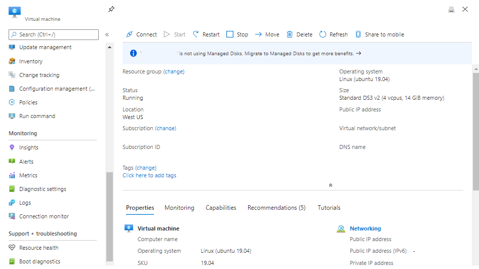 Captura de tela do portal do Azure com a opção 'Executar comando' no painel esquerdo.