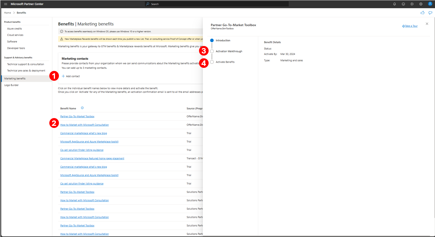 Captura de tela que descreve as etapas a serem seguidas para resgatar os benefícios de marketing no Partner Center.