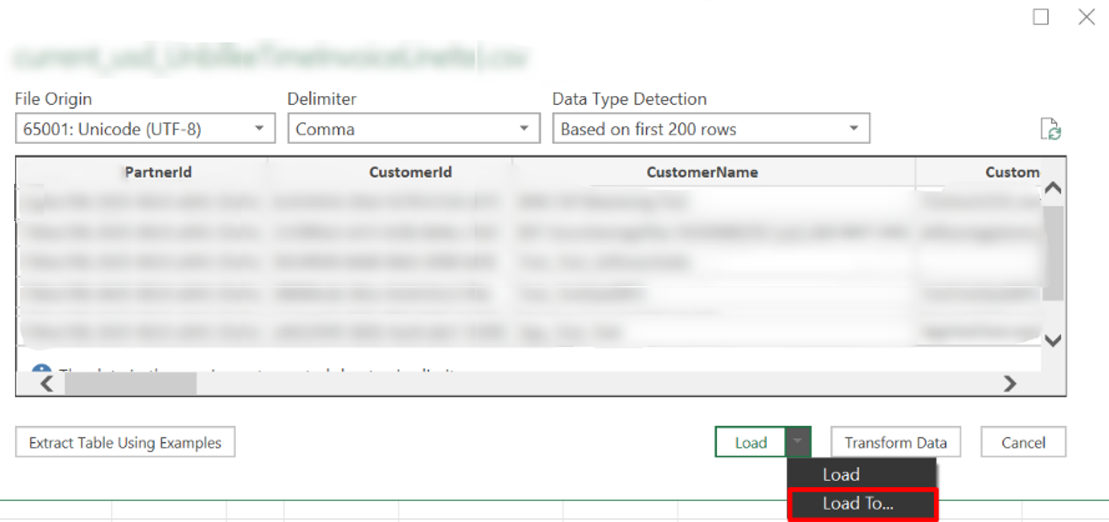 Captura de tela da janela de visualização do arquivo, com o menu suspenso ao lado de Carregar aberto e a seleção Carregar para dentro do menu suspenso selecionado.