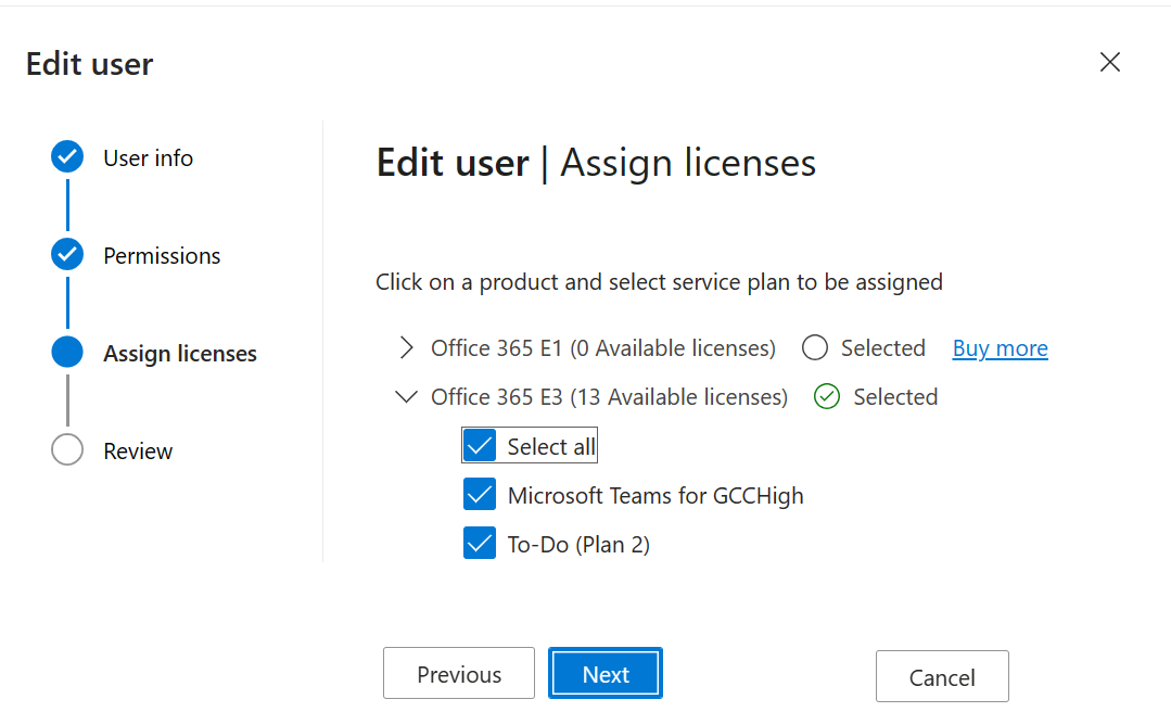 Captura de tela da página Editar usuário - Atribuir licenças.