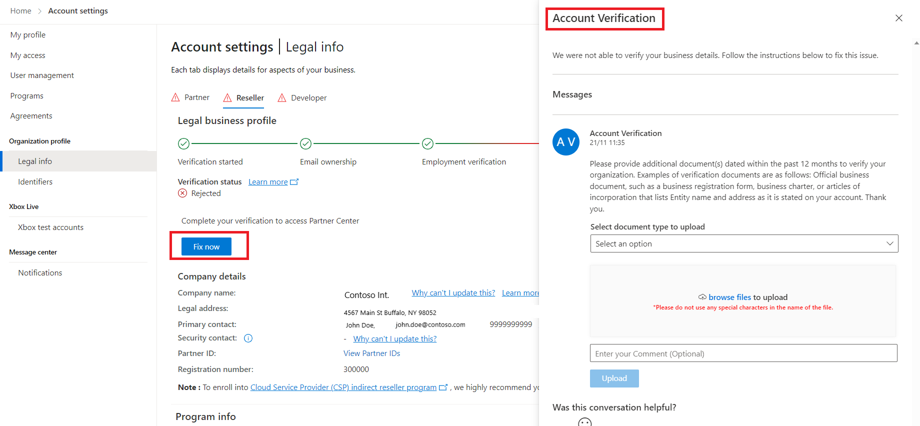 Captura de tela das configurações da conta | Informações Legais no Partner Center, com a opção Corrigir agora e Verificação de conta realçadas.