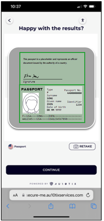 Captura de tela da página AU10TIX em um dispositivo móvel, com o texto: Feliz com os resultados? Uma foto da carteira de identidade é mostrada, com a opção: RETOMAR.