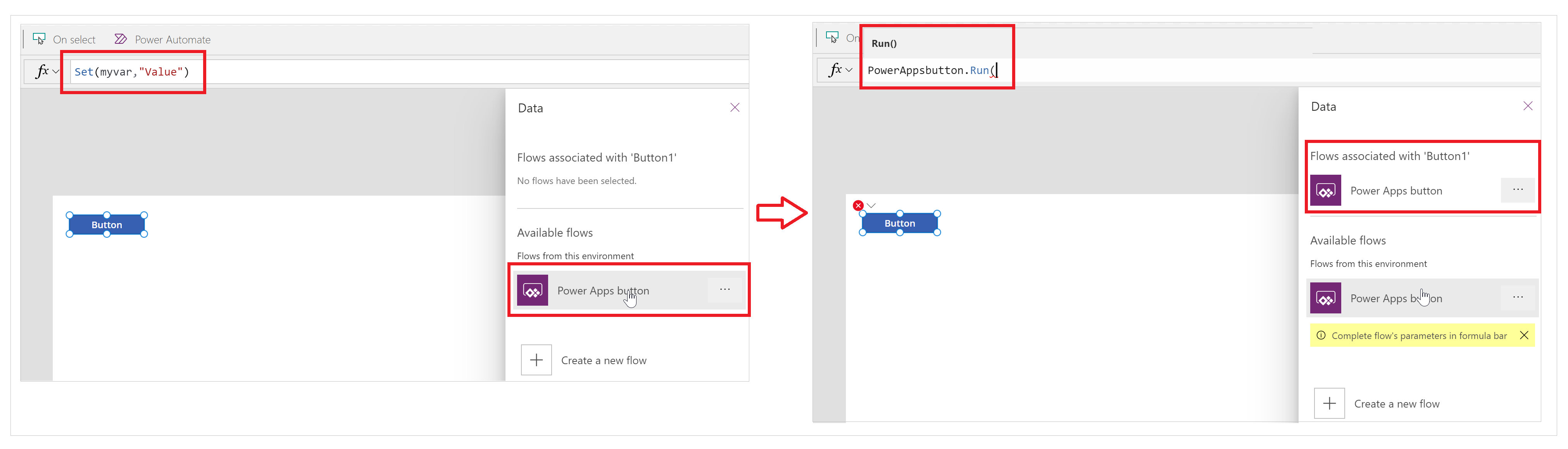 Captura de tela mostrando o fluxo adicionado à propriedade OnSelect do botão que substitui a fórmula existente para a propriedade do botão.