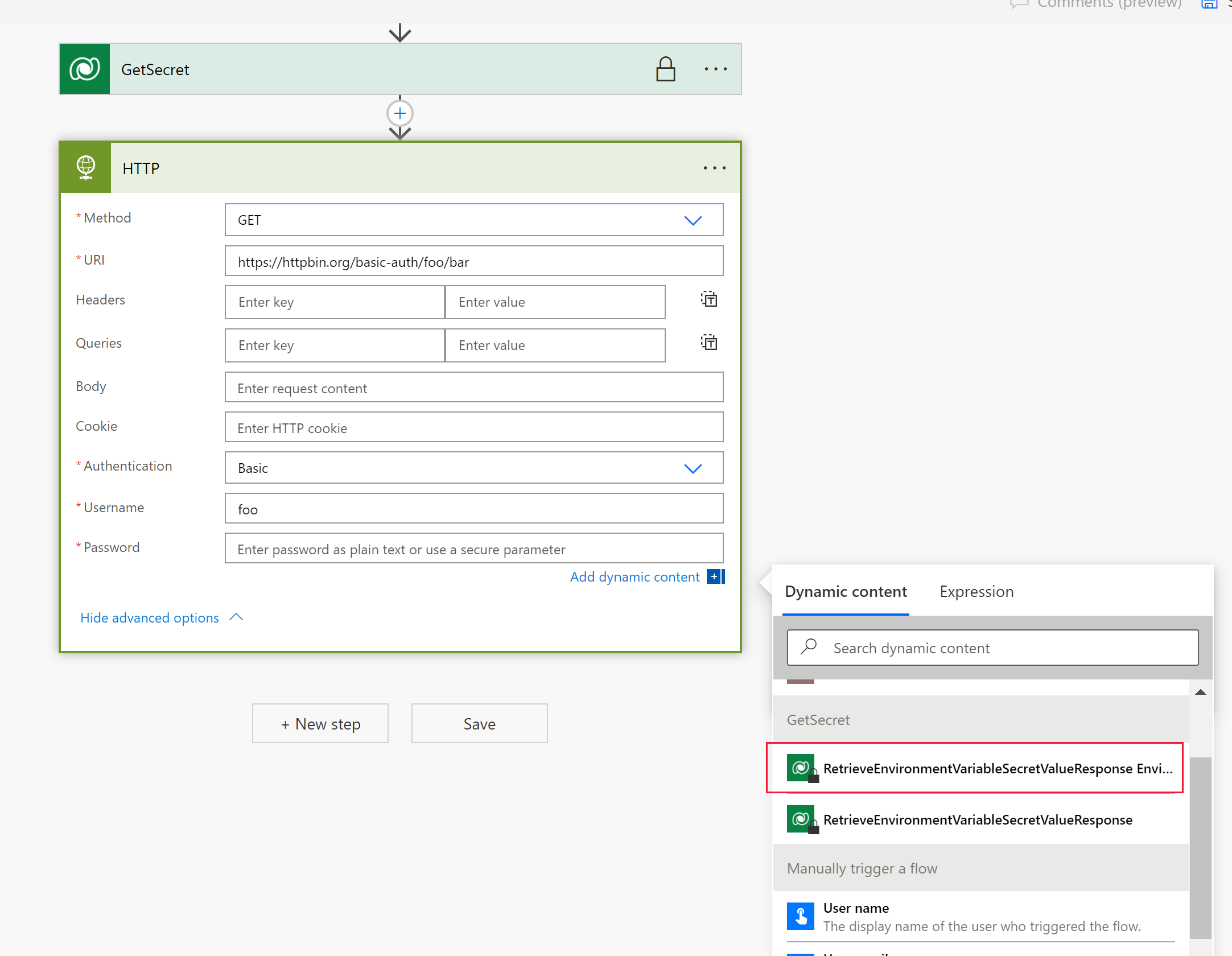 Crie um novo etapa usando o conector HTTP