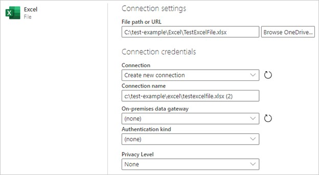 Informações de conexão para acessar a pasta de trabalho do Excel.