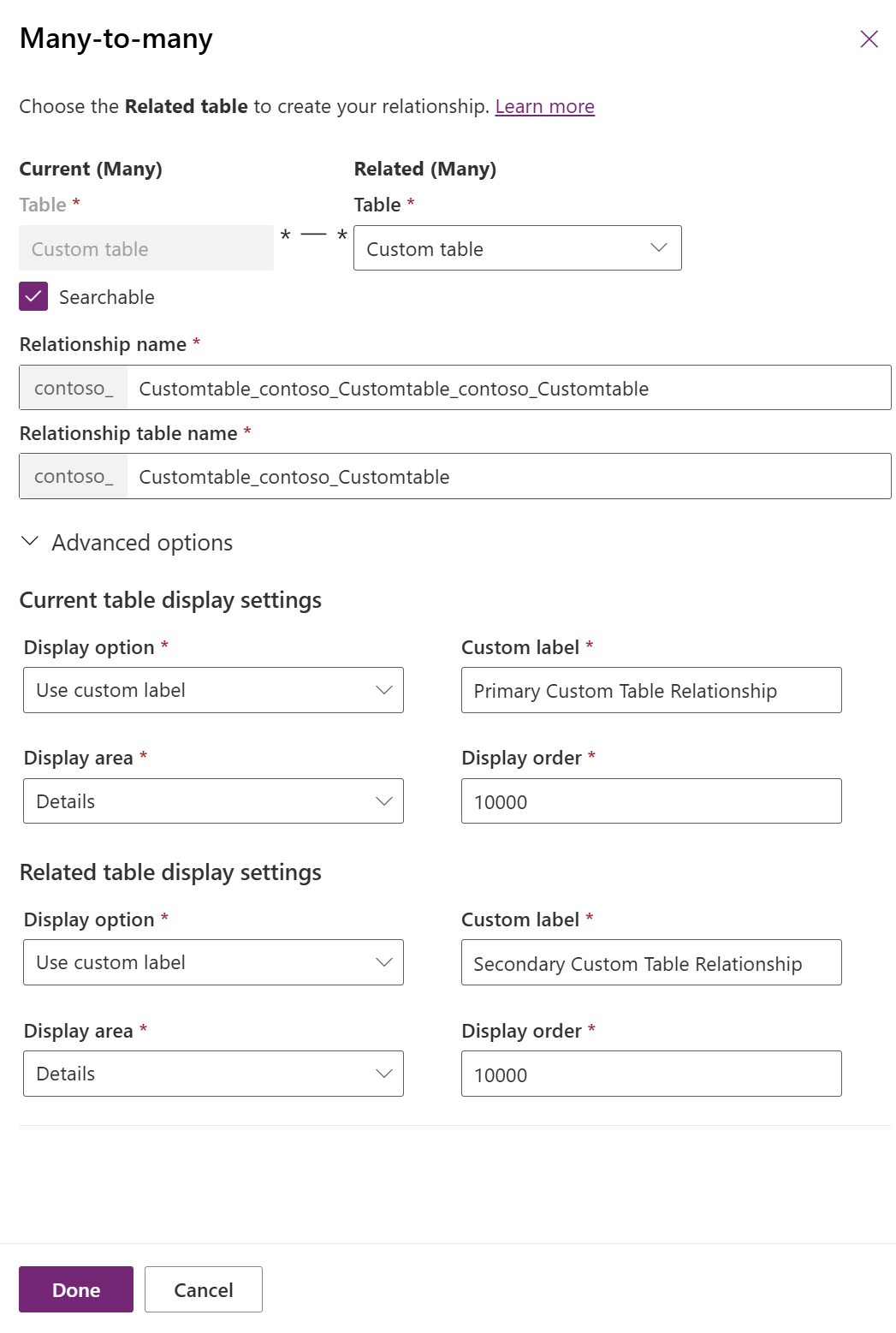 Configuração de relacionamento de tabela autorreferencial.