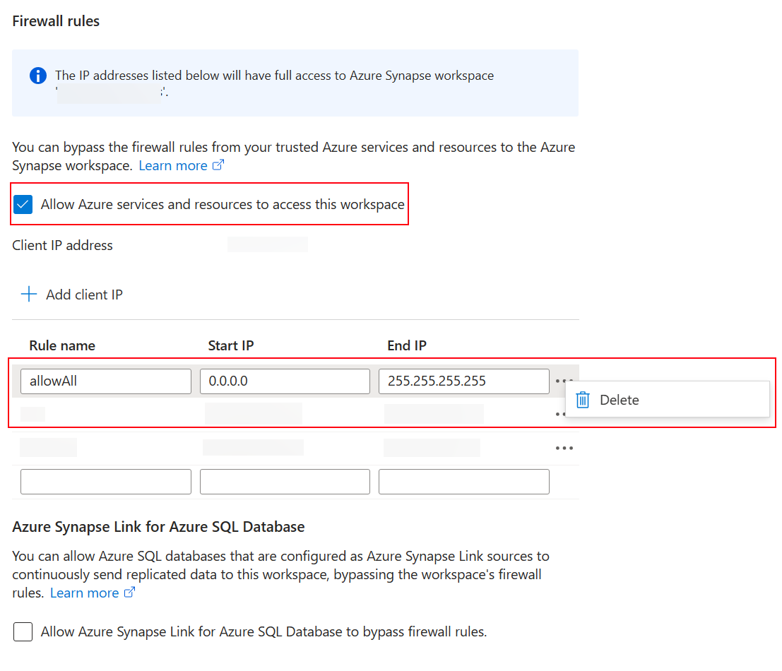 Azure Synapse configurações de rede do espaço de trabalho