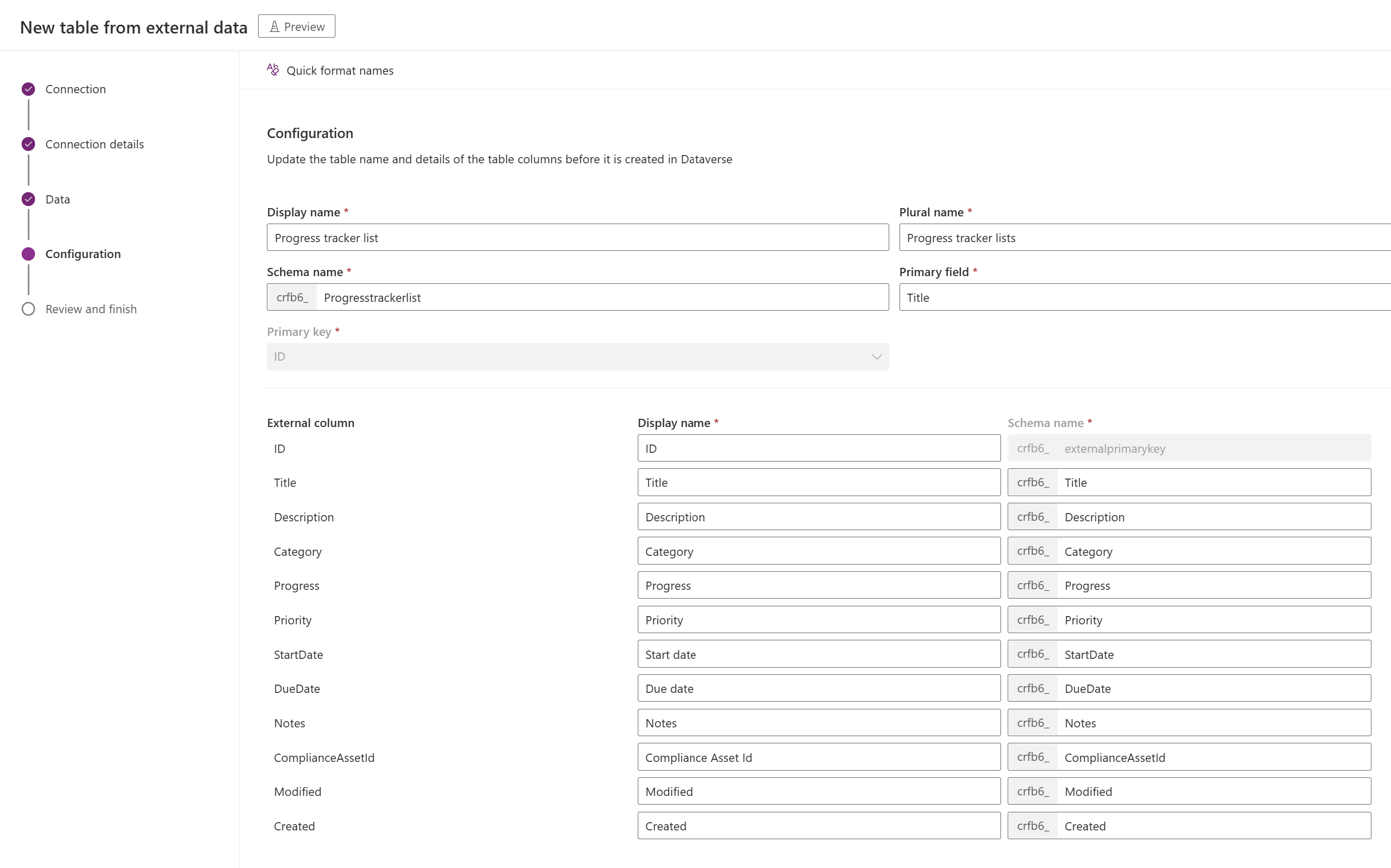 Configurar nomes de tabelas e colunas para a tabela virtual