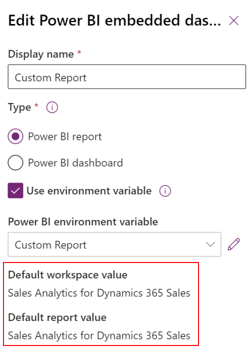 Versão prévia de valor de variável de ambiente incorporado do Power BI.