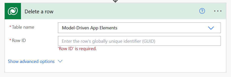 Excluir uma ação de fluxo de linha usando a linha da tabela do Dataverse do elemento do aplicativo baseado em modelo