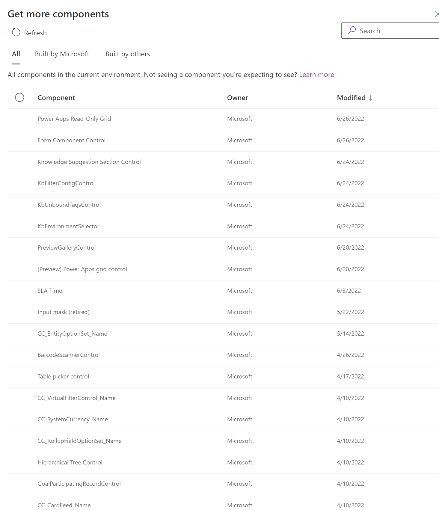 Componentes disponíveis no link Obter mais componentes