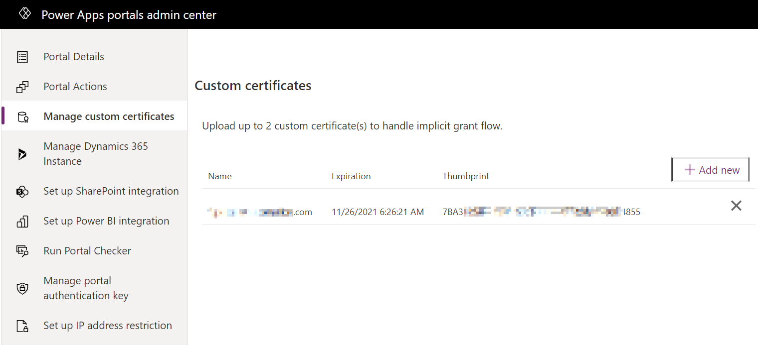 Gerenciar guia de certificados personalizados no centro de administração de portais do Power Apps.