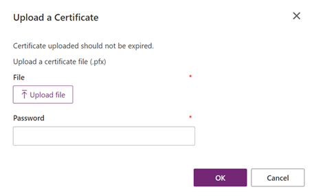 Carregar uma janela de certificado com o botão Carregar arquivo e caixa de senha.