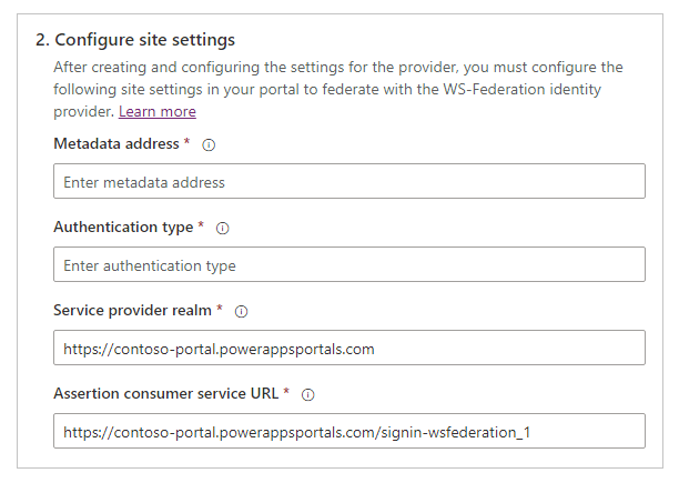 Definir configurações do site Web Services Federation.