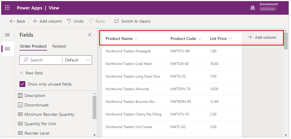 Captura de tela mostrando a exibição de pesquisa do portal com as colunas Nome do produto, Código do produto e Preço de lista. Bem como a opção de adicionar colunas.