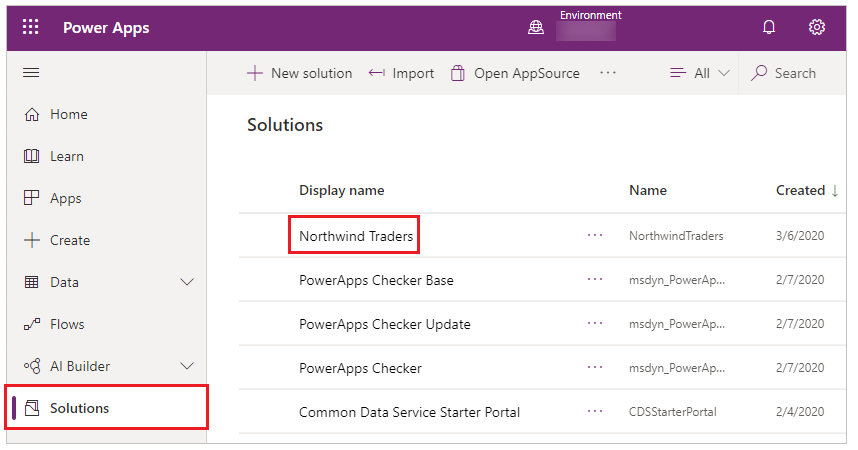 Selecionando a solução Northwind Traders.